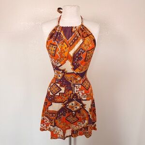 Vintage 70s Orange Halter Geometric Groovy Mini Dress Cher Small